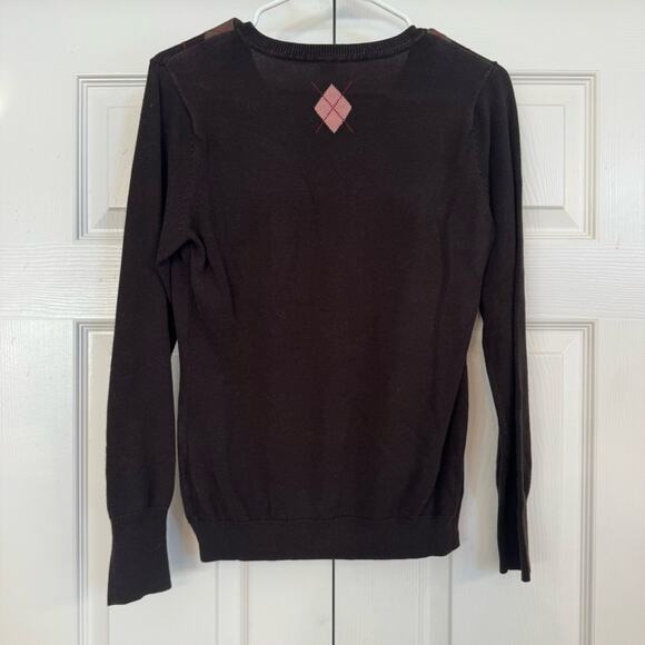s. Oliver Women’s Brown/Pink Argyle V Neck Sweater Pullover Sz10 Academic Preppy - Picture 2 of 6